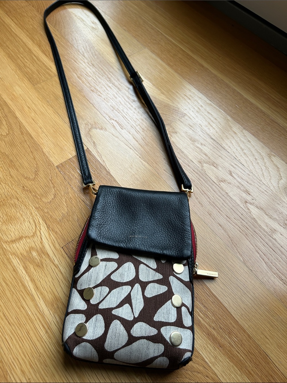 Hammitt VIP Mobile Black and brown beige with Brushed Gold Studs and Red Zip